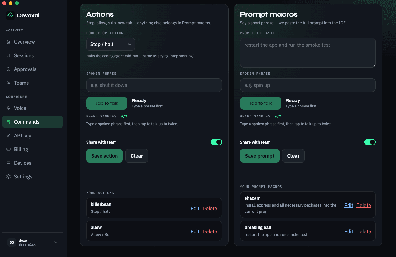 Devoxal Command Center — map spoken phrases to Stop / halt actions and prompt shortcuts, with tap-to-talk training and share with team