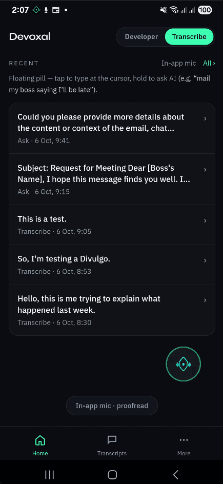 Floating Devoxal pill with recent Transcribe and Ask sessions